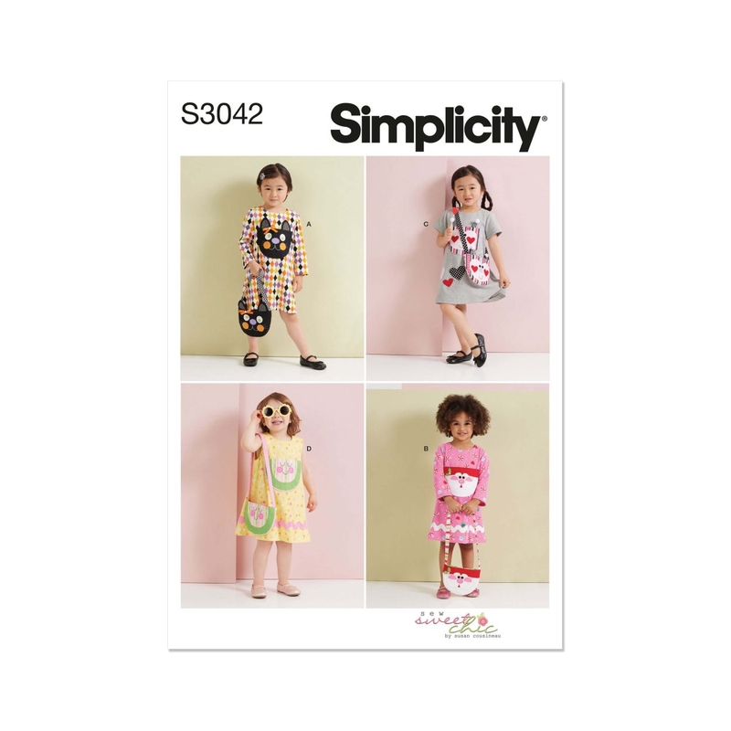 Simplicity Sewing Pattern S3042 Toddlers’ Dress with Sleeve Variations & Purse