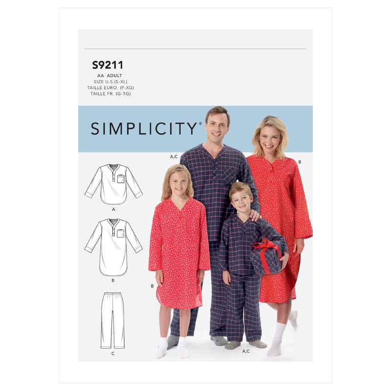 Simplicity Sewing Pattern S9211 Misses'/Men's/Boys'/Girls' Patch Pocket Top, Nightshirt and Pants Simplicity Sewing Pattern 9211