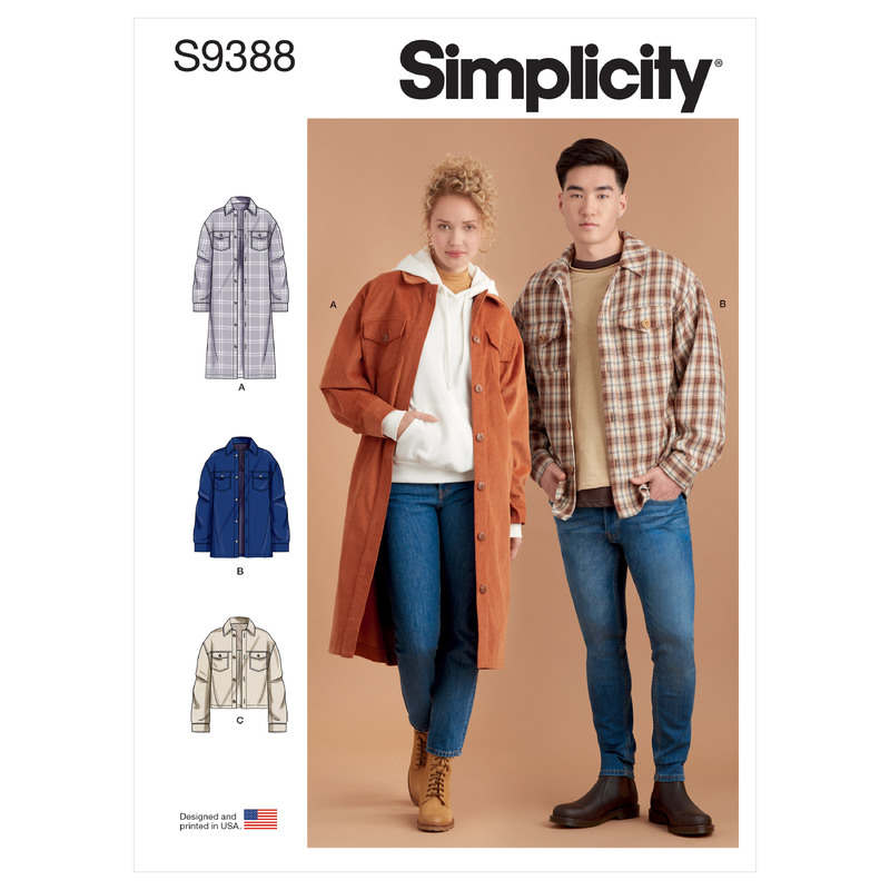 S9388 UNISEX SHIRT JACKETS Simplicity Sewing Pattern 9388