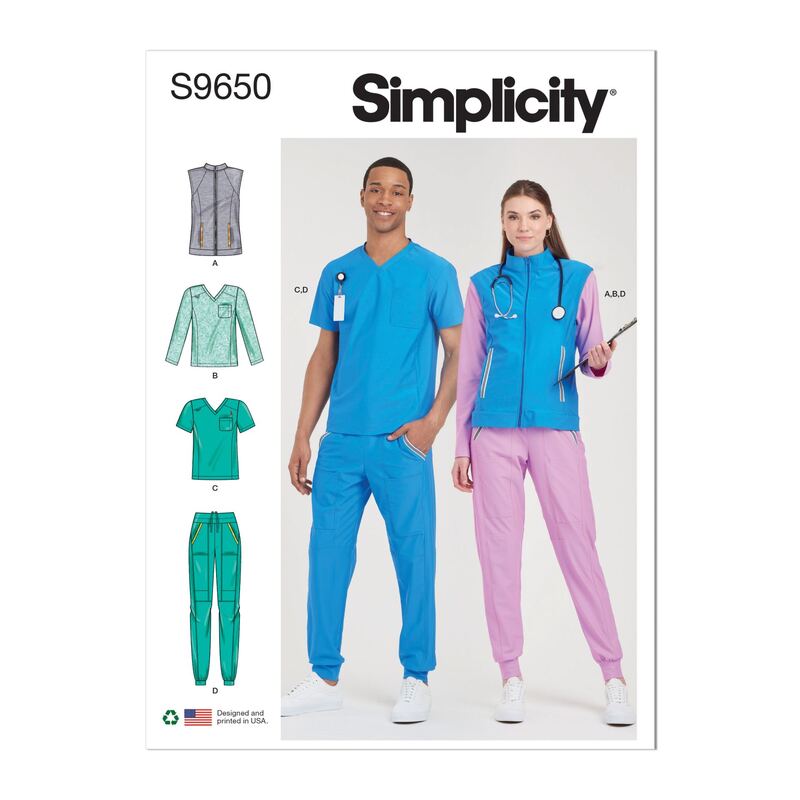 Simplicity Sewing Pattern S9650 Unisex Knit Scrubs Sizes XXS to XXL