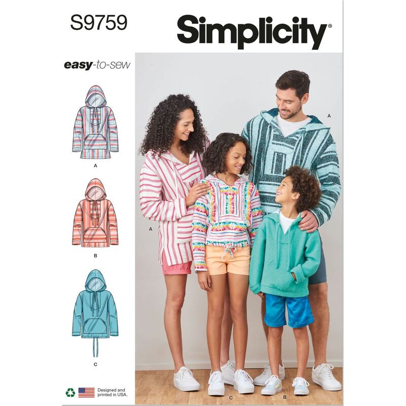 Simplicity Sewing Pattern S9759A Children's, Teens' & Adults' Hoodie Sizes XS-XL