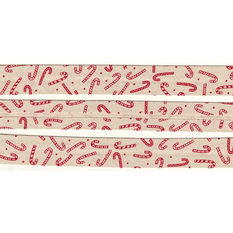 CANDY CANES Print Cotton Bias Binding, 25mm Single Folded By The Metre