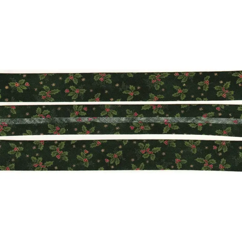 METALLIC HOLLY GREEN Print Cotton Bias Binding, 25mm Single Folded By The Metre