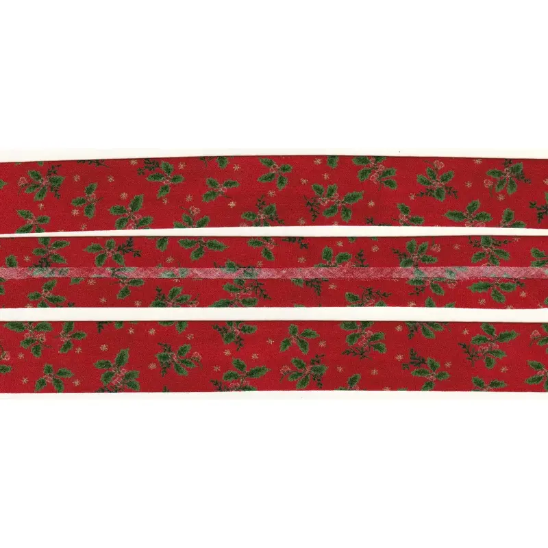 METALLIC HOLLY RED Print Cotton Bias Binding, 25mm Single Folded By The Metre