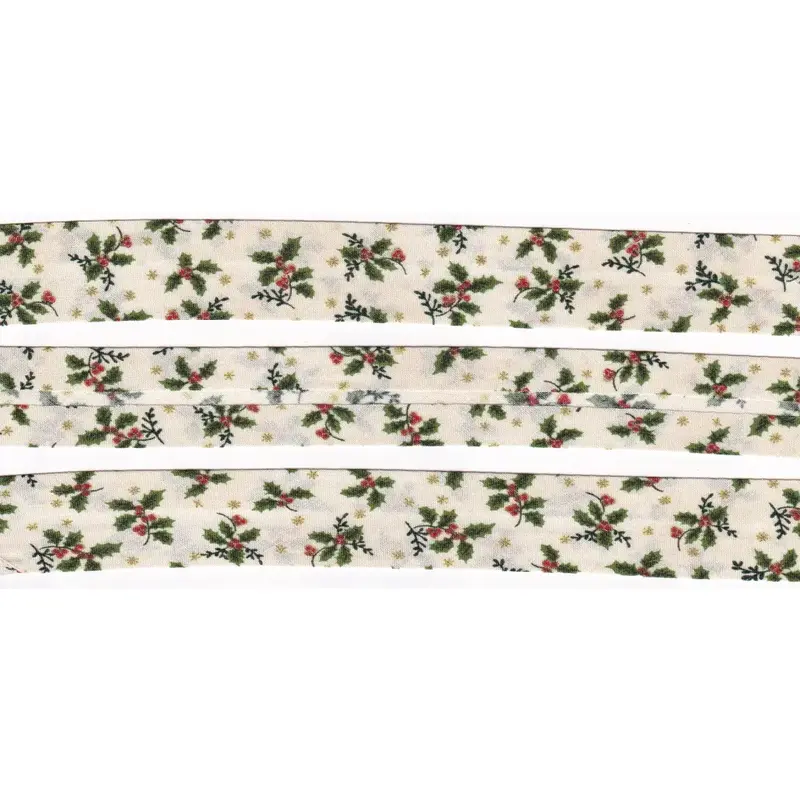 HOLLY ON CREAM METALLIC Print Cotton Bias Binding, 25mm Single Folded By The Metre