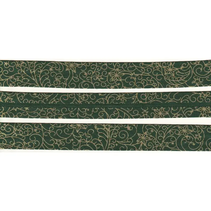 METALLIC SCROLL GREEN Print Cotton Bias Binding, 25mm Single Folded By The Metre