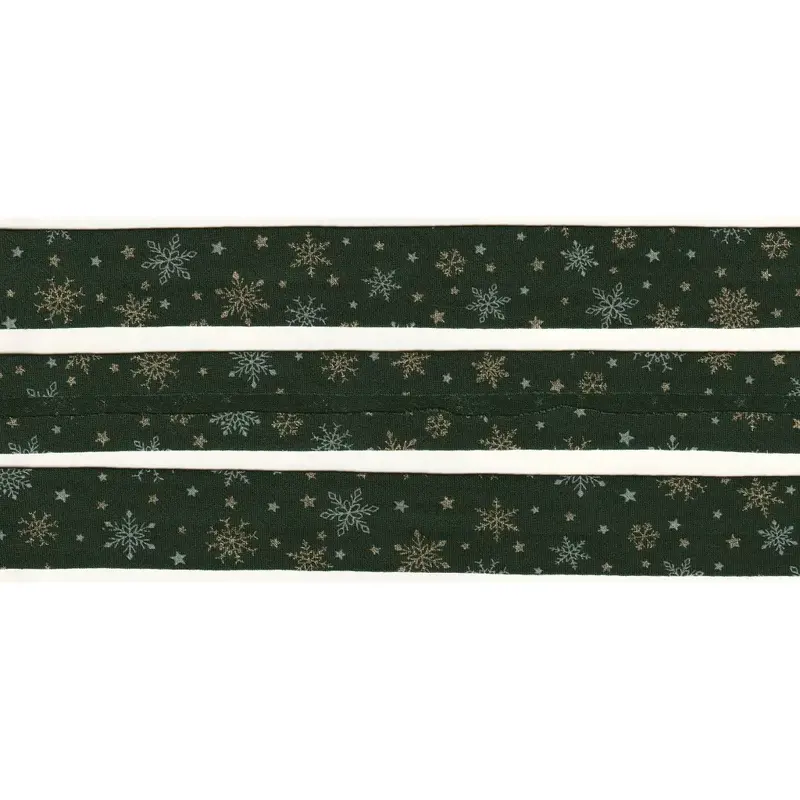 METALLIC SNOWFLAKES GREEN Print Cotton Bias Binding, 25mm Single Folded By The Metre