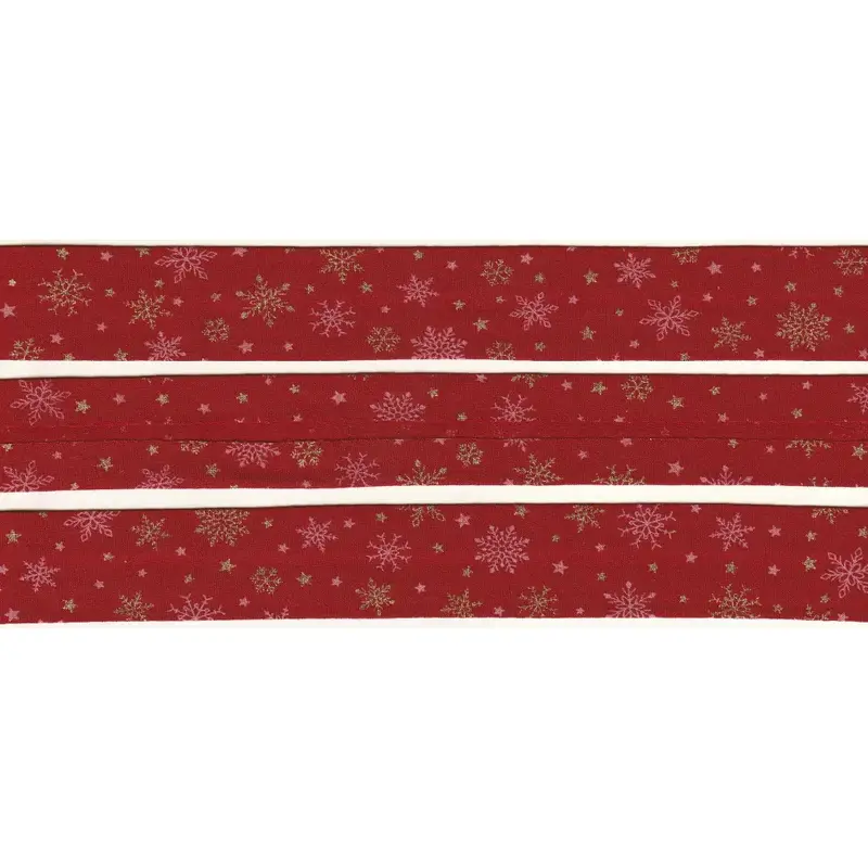 METALLIC SNOWFLAKES RED Print Cotton Bias Binding, 25mm Single Folded By The Metre