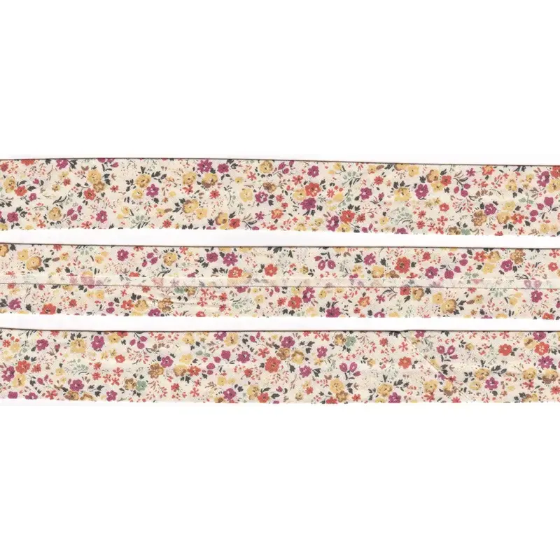 MICRO FLOWER CREAM Print Cotton Bias Binding, 25mm Single Folded By The Metre