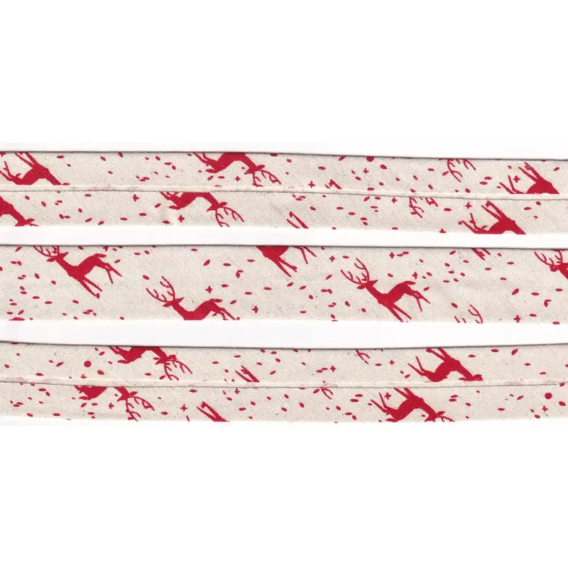 RED REINDEER Print Cotton Bias Binding, 25mm Single Folded By The Metre