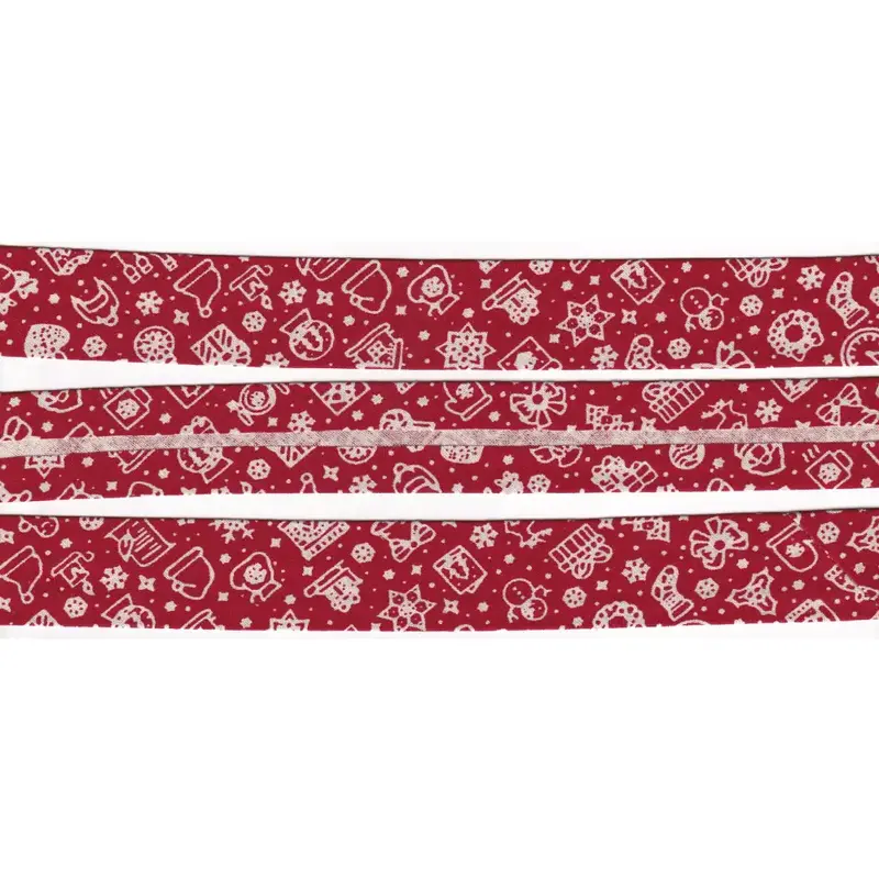 CHRISTMAS RED Print Cotton Bias Binding, 25mm Single Folded By The Metre