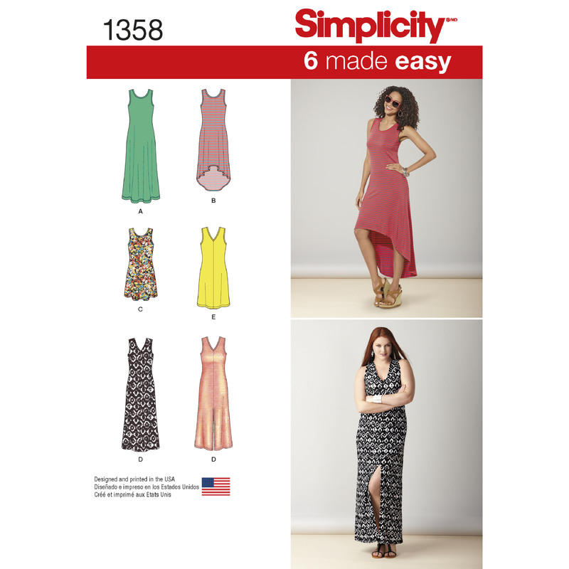 Women's Knit Dresses with Length and Neckline Variations Simplicity Sewing Pattern 1358