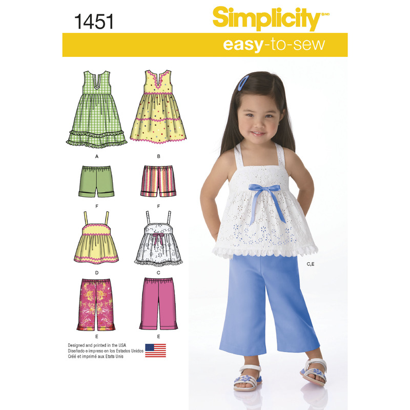 Toddlers' Dresses, Top, Cropped Trousers and Shorts Simplicity Sewing Pattern 1451