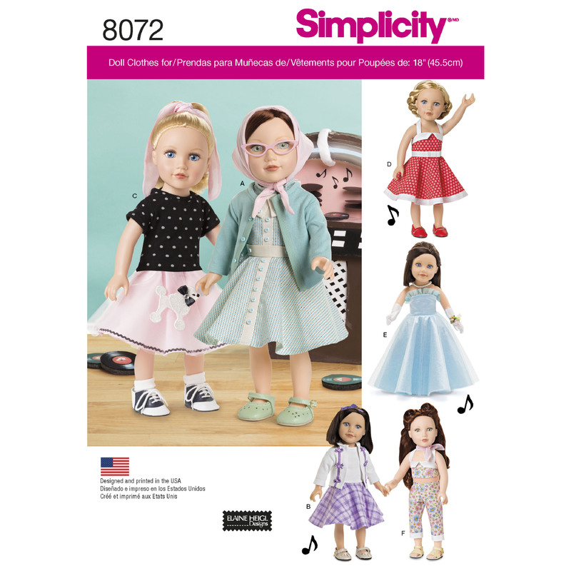 Vintage Inspired 18" Doll Clothes Simplicity Sewing Pattern 8072