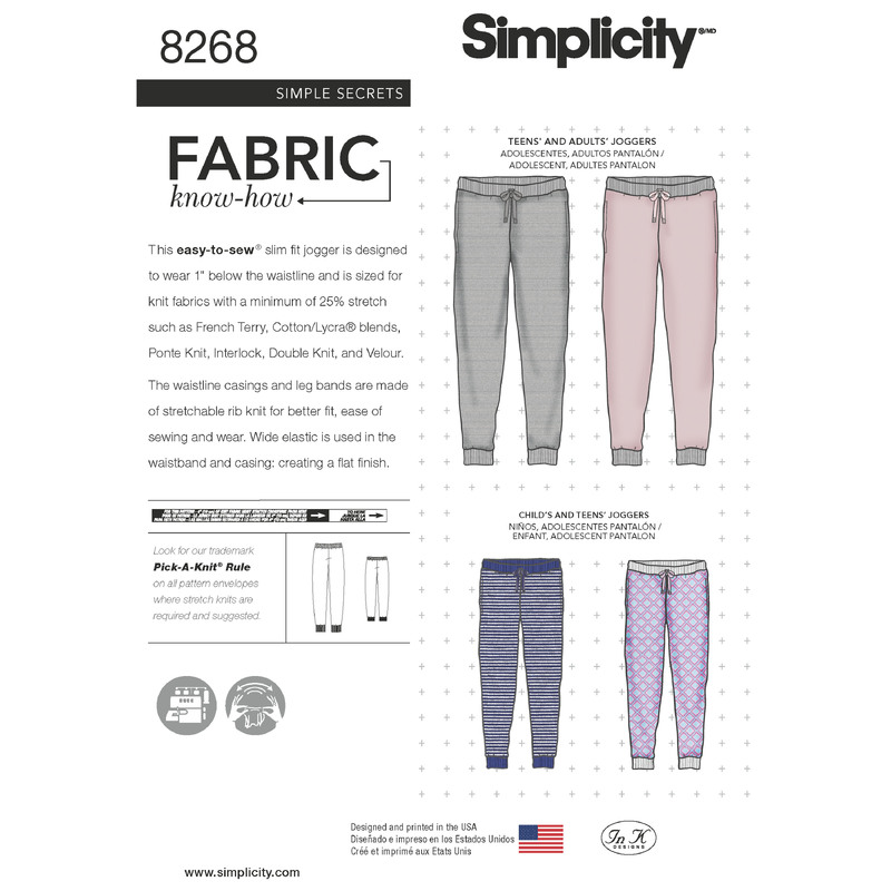 Simplicity Pattern 8268 Child's, Teen's and Adult's Slim Fit Knit Jogger Simplicity Sewing Pattern 8268