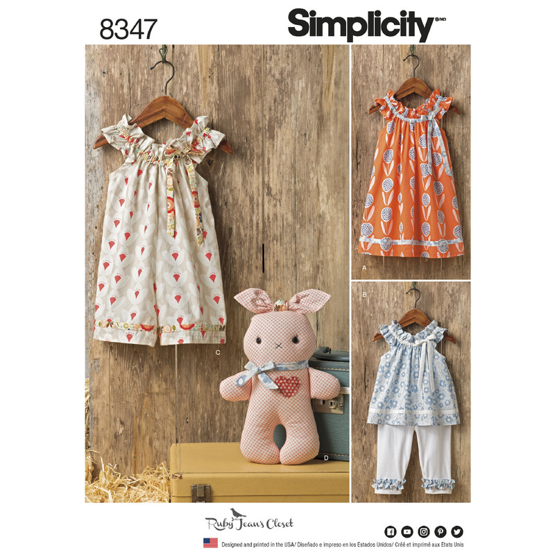 Simplicity Pattern 8347 Toddlers' dress, top and knit capris, and stuffed bunny Simplicity Sewing Pattern 8347