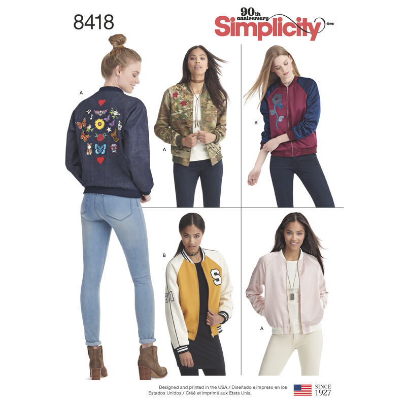 Pattern 8418 Women's Lined Bomber Jacket with Fabric & Trim Variations Simplicity Sewing Pattern 8418