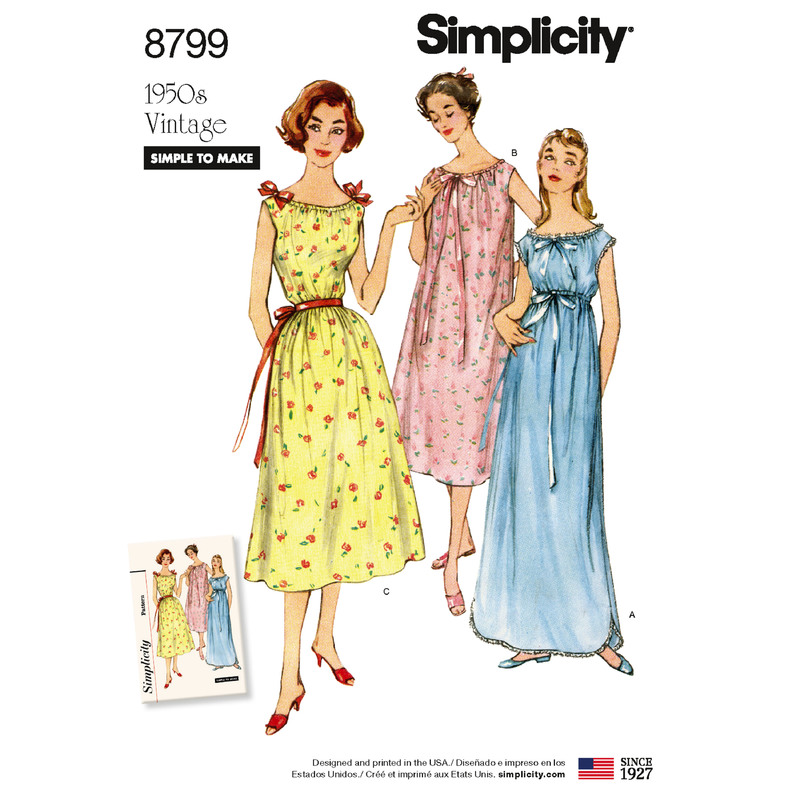 Pattern 8799 Misses' Vintage Nightgowns Simplicity Sewing Pattern 8799