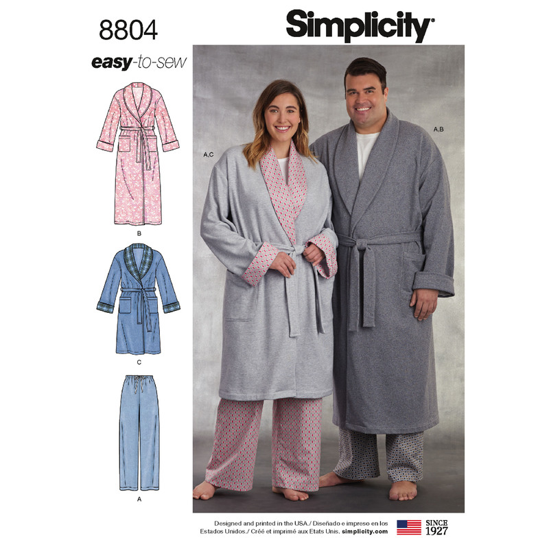 Women's & Men's Robe & Pants Sizes S-M-L Simplicity Sewing Pattern 8804