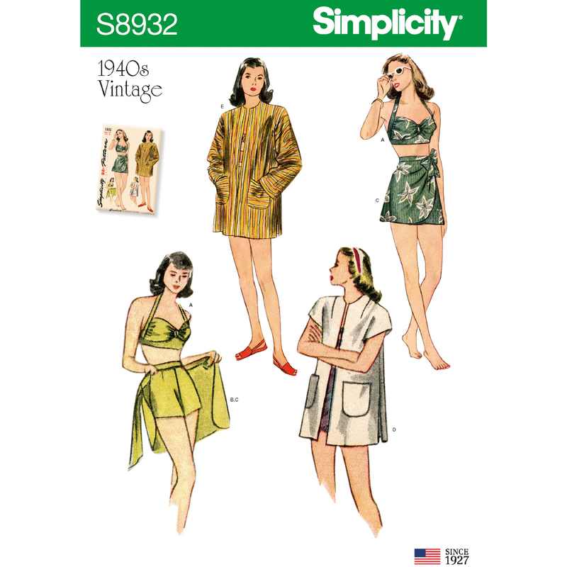 Misses' Vintage Bikini Top, Shorts, Wrap, Skirt & Coat Sizes 4-12 Simplicity Sewing Pattern 8932