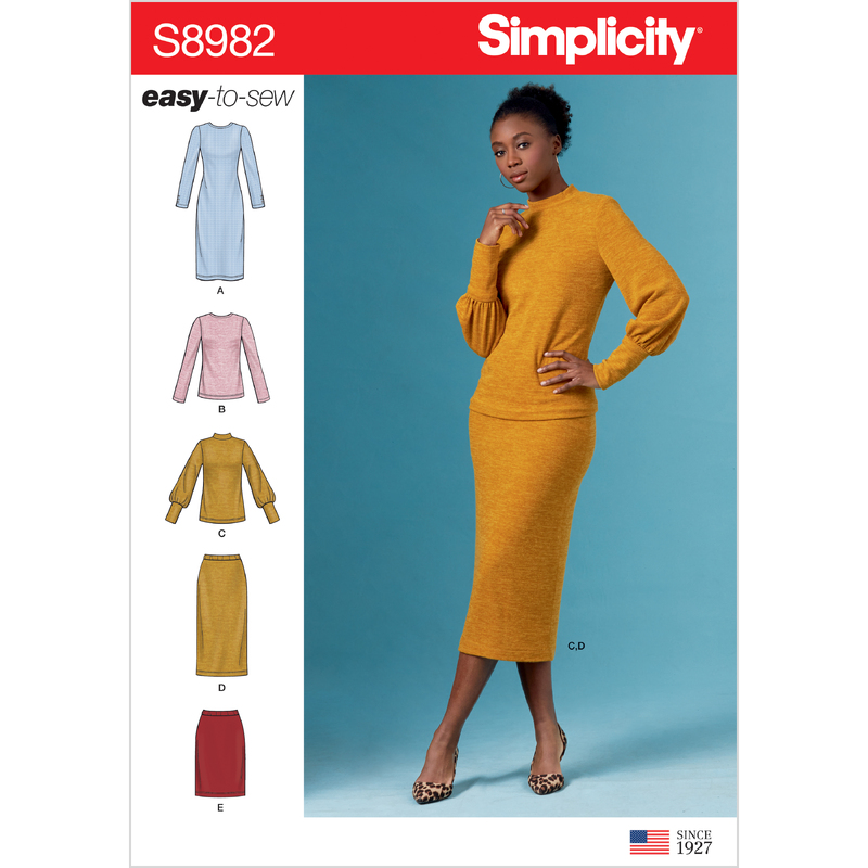 Simplicity Sewing Pattern S8982 Misses' Knit Two Piece Sweater Dress, Tops, Skirts Simplicity Sewing Pattern 8982