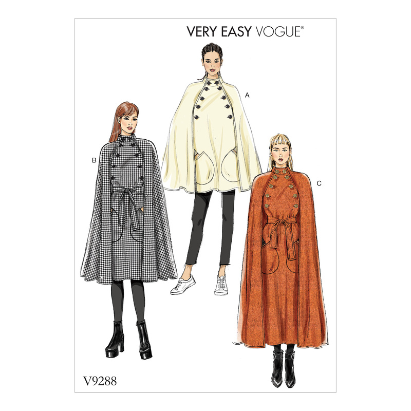 Vogue Sewing Pattern Misses' Cape with Stand Collar, Pockets, and Belt 9288y (Sizes XS-S-M)