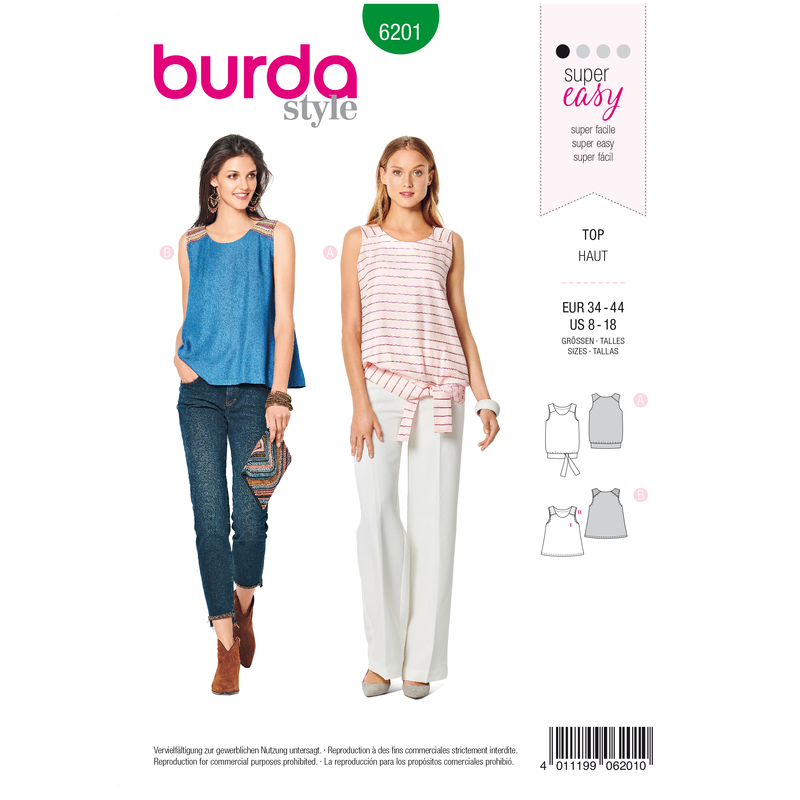 Burda Style Pattern 6201 Misses' Tank Top - Flared Form - with Waistband and Tie Bands Burda Sewing Pattern 6201