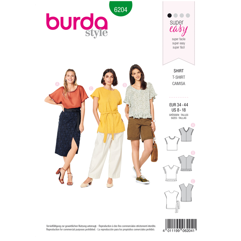 Burda Style Pattern 6204 Misses' Blouse Shirt - Over-cut Shoulders - V-neck in Front or Back Burda Sewing Pattern 6204