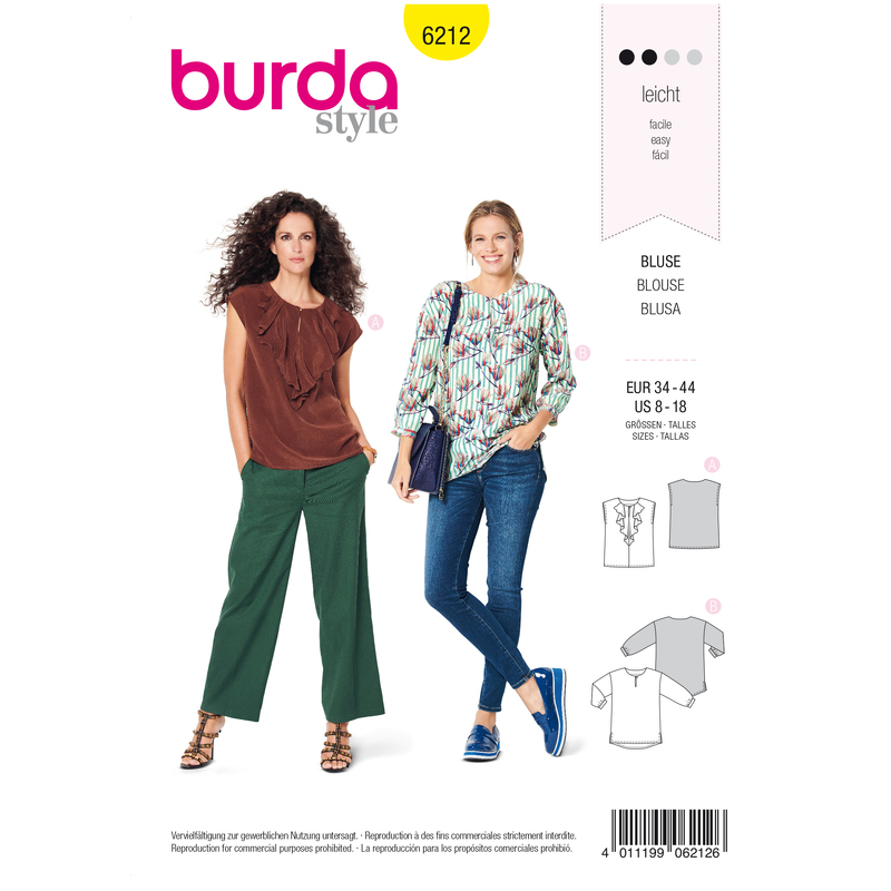 Burda Style Pattern 6212 Misses' Blouse with Neckline Flounce - Straight Cut Burda Sewing Pattern 6212