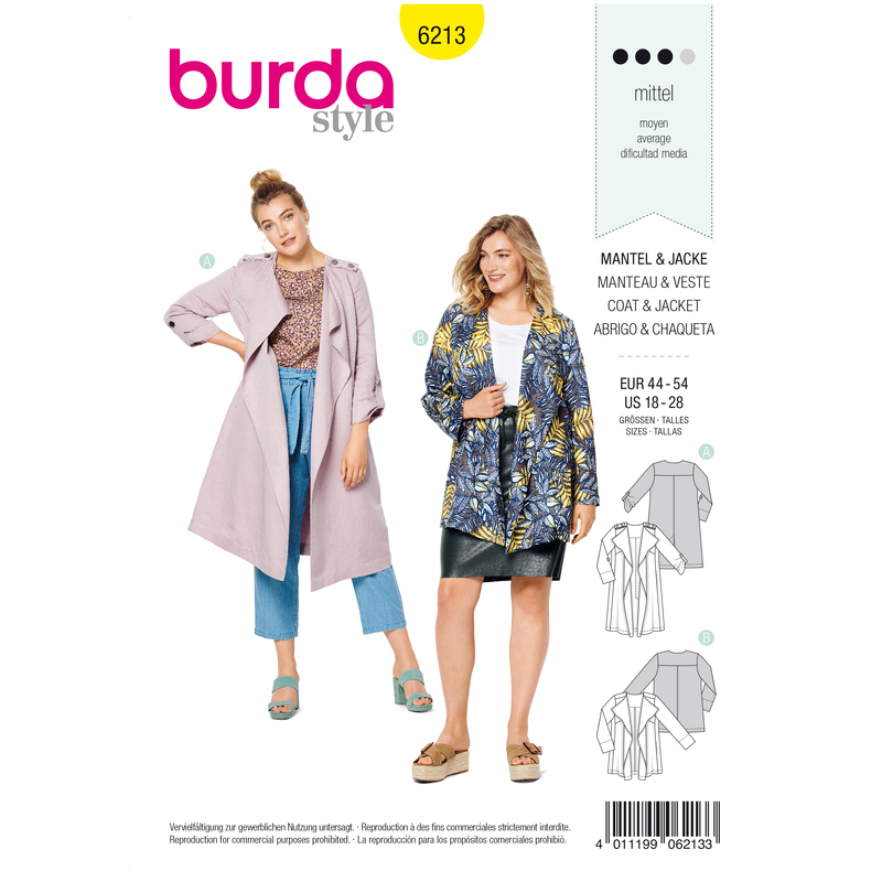 Burda Style Pattern 6213 Women's Coat without Collar or Fastening Burda Sewing Pattern 6213