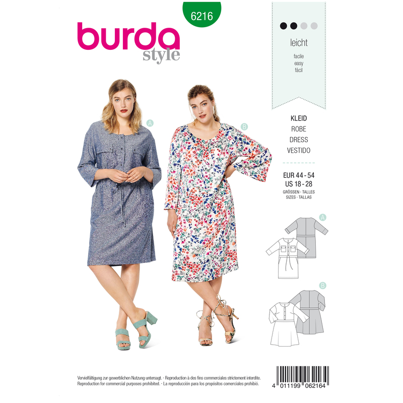 Burda Style Pattern 6216 Women's Dress with Front Button Fastening and a Band at the Waist Burda Sewing Pattern 6216