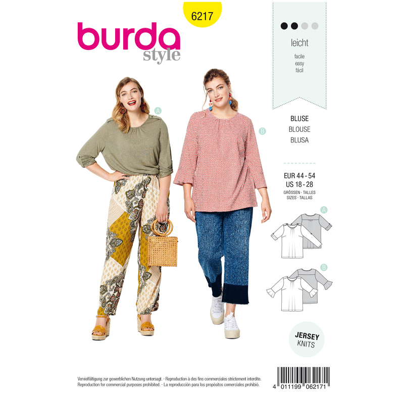 Burda Style Pattern 6217 Women's Top - Roll-up Sleeves - Sleeves with Flounces Burda Sewing Pattern 6217