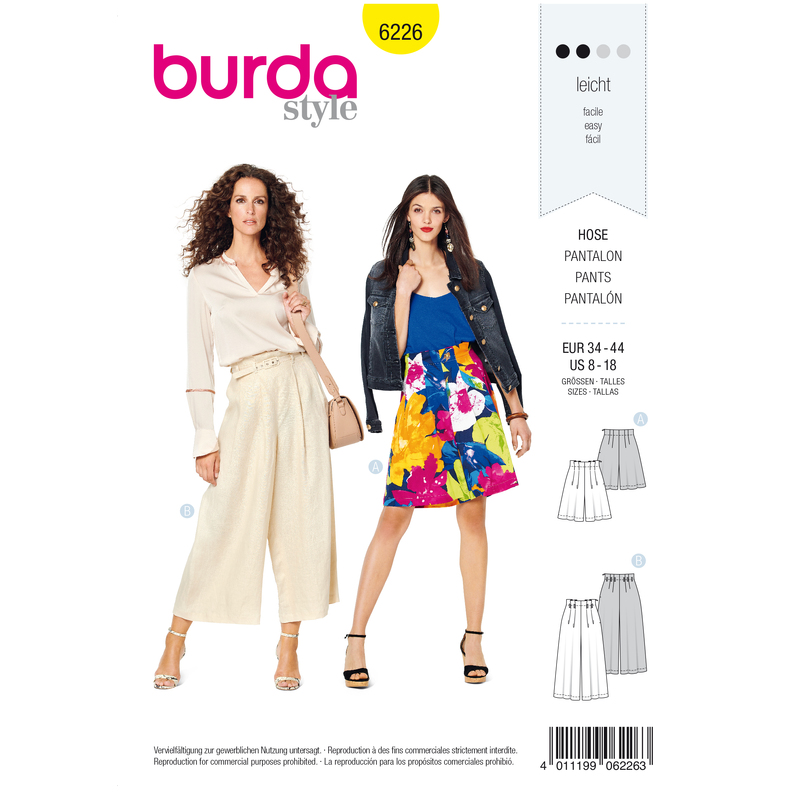 Burda Style Pattern 6226 Misses' Bermudas - Culottes - Pleats at Waistband Burda Sewing Pattern 6226