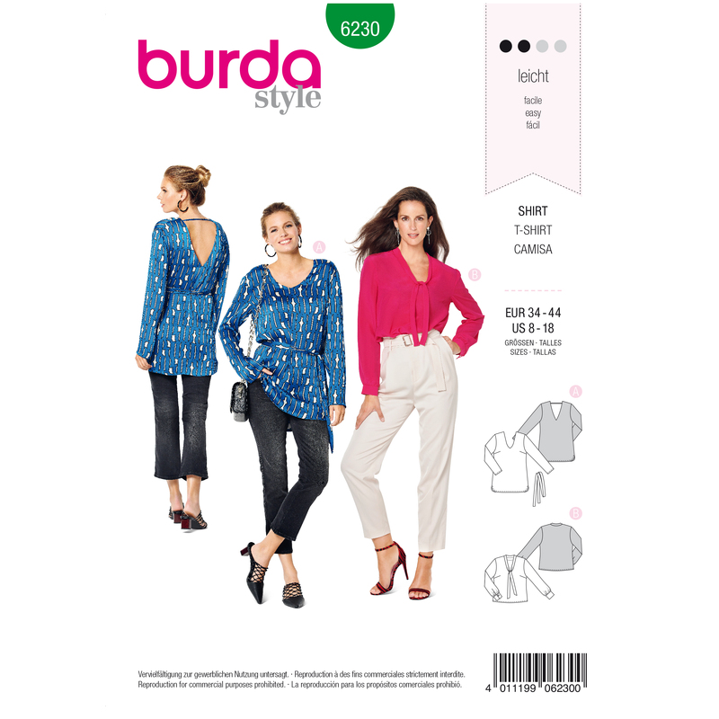 Burda Style Pattern 6230 Misses' Blouse-like Top - V-Neck Burda Sewing Pattern 6230