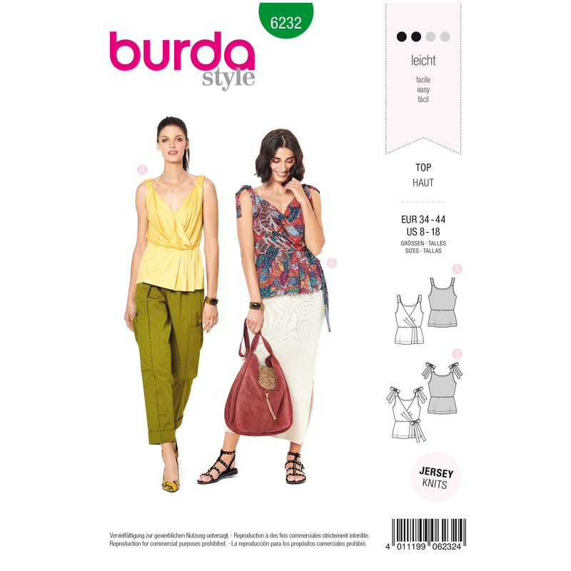 Burda Style Pattern 6232 Misses' Top in Wrap Look - Stretch Straps Burda Sewing Pattern 6232