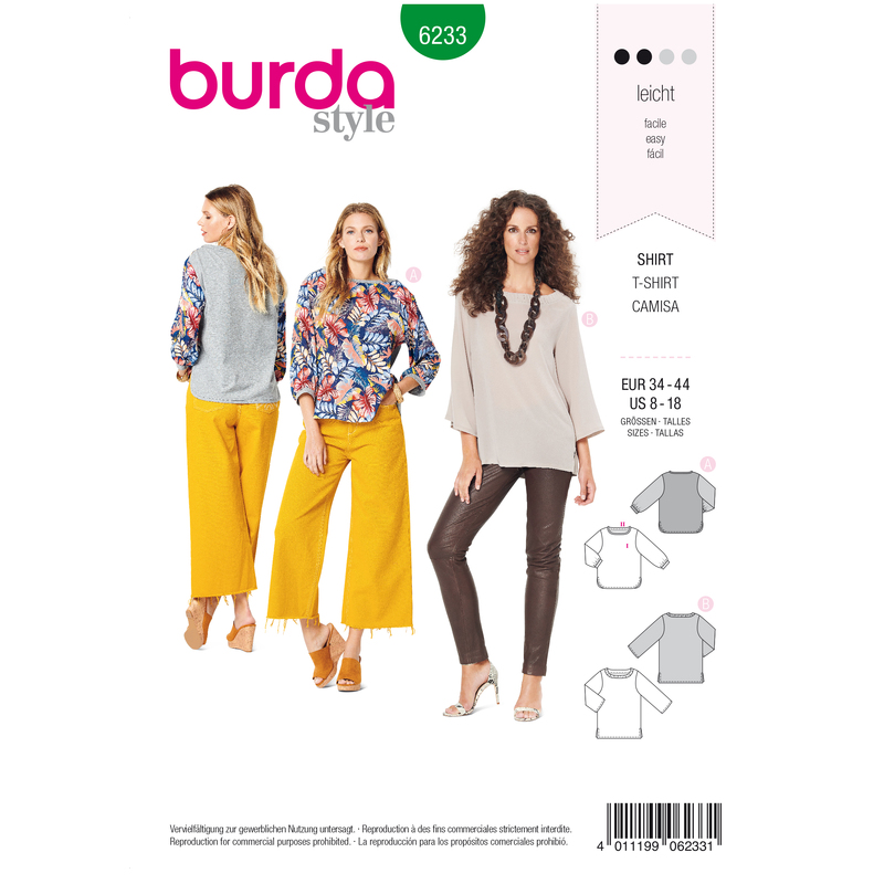 Burda Style Pattern 6233 Misses' Top - Gathered Neckline Band - 3/4 Sleeves Burda Sewing Pattern 6233