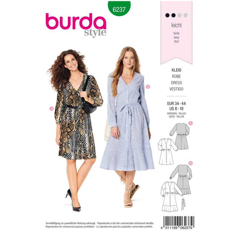 Burda Style Pattern 6237 Misses' Dress with Button Fastening - Shirt Blouse Style - V-Neck Burda Sewing Pattern 6237