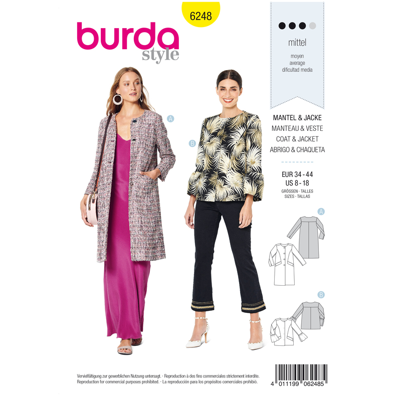 Burda Style Pattern 6248 Misses' Coat – Jacket – Collarless Burda ...