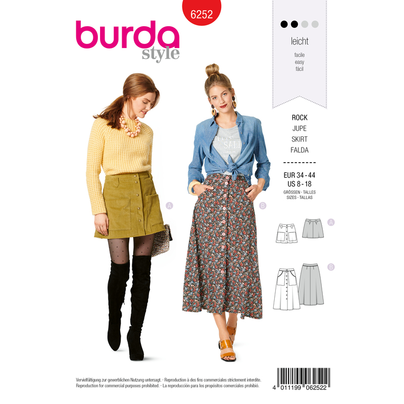 Burda Style Pattern 6252 Misses' Skirts, Front Fastening, Mini or Midi Length with Pocket Variations Burda Sewing Pattern 6252