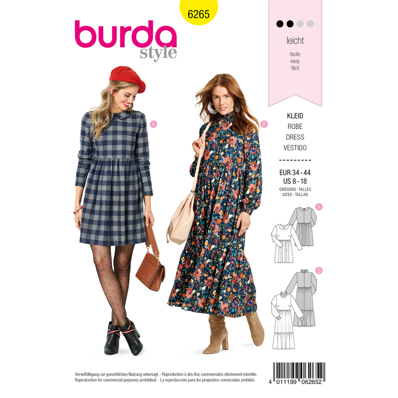 Burda Style Pattern 6265 Misses' Dresses Short or Midi Length with Tiered Skirt Burda Sewing Pattern 6265