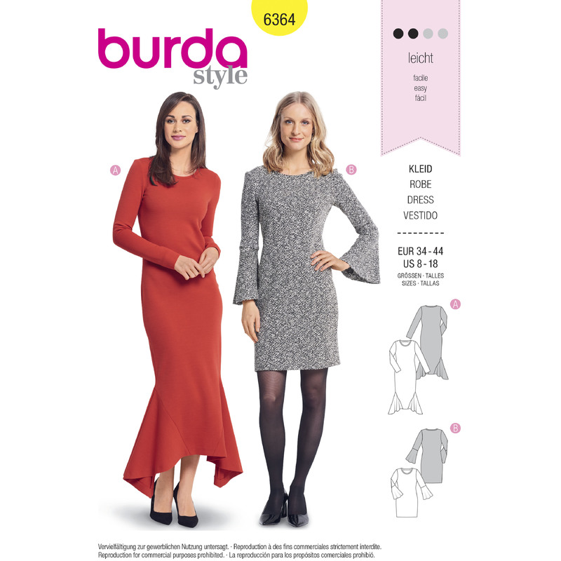 Burda Style Pattern B6364 Women's Dresses Burda Sewing Pattern 6364