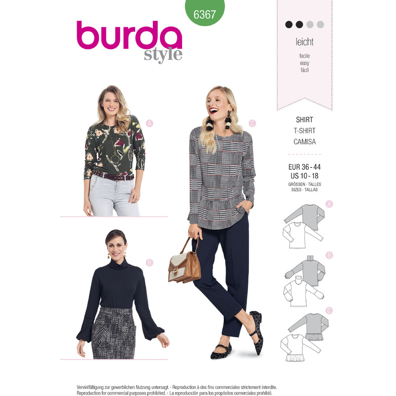 Burda Style Pattern B6367 Women's Tops Burda Sewing Pattern 6367