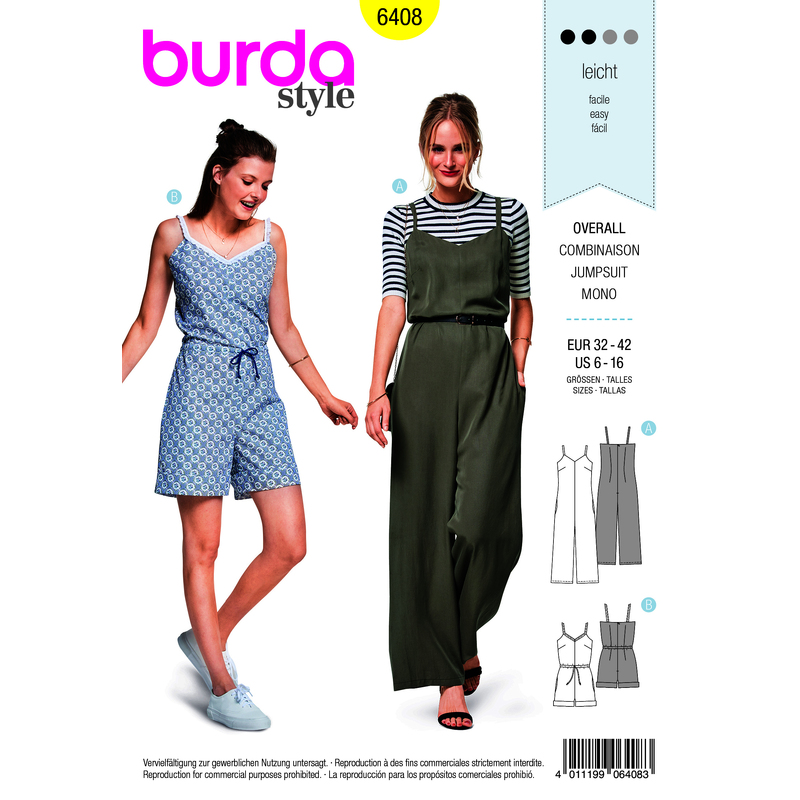 Burda Style Pattern B6408 Misses Jumpsuit in Various Lengths Burda Sewing Pattern 6408