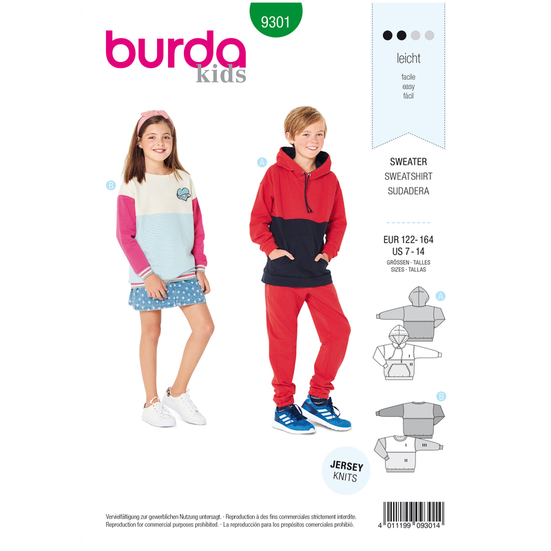 Burda Style Pattern 9301 Children's Sweater – Hoodie –  Hooded Top Burda Sewing Pattern 9301