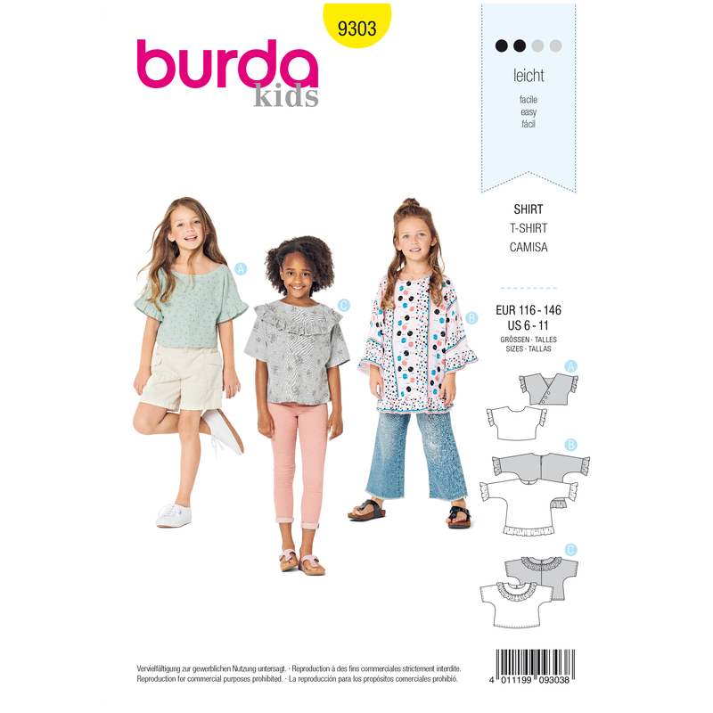 Burda Style Pattern 9303 Children's Top with Integral Sleeves –  Tunic Top – Frills Burda Sewing Pattern 9303