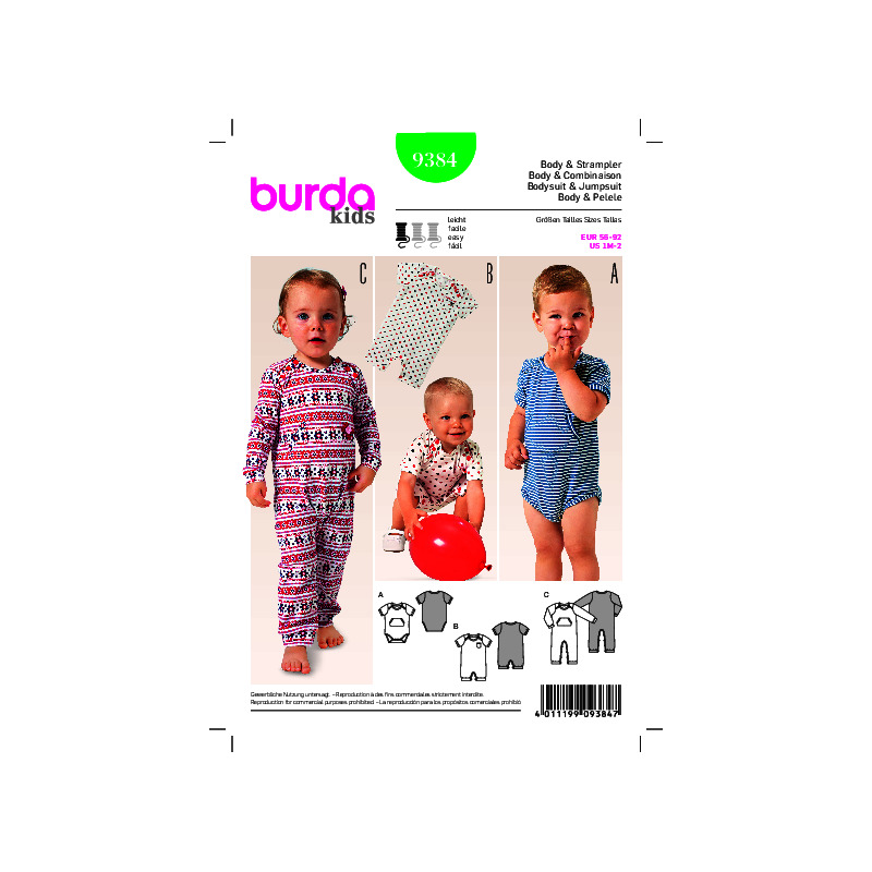 Burda B9384 Babie's Bodysuit and Rompers Sewing Pattern Burda Sewing Pattern 9384